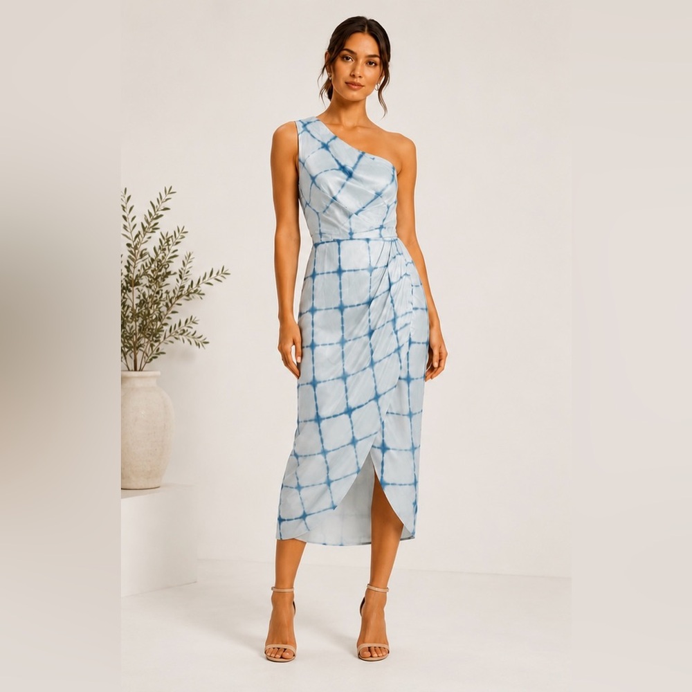 Elliatt Blue Tie Dye One Shoulder Midi Dress Women’s XS Metallic Wrap